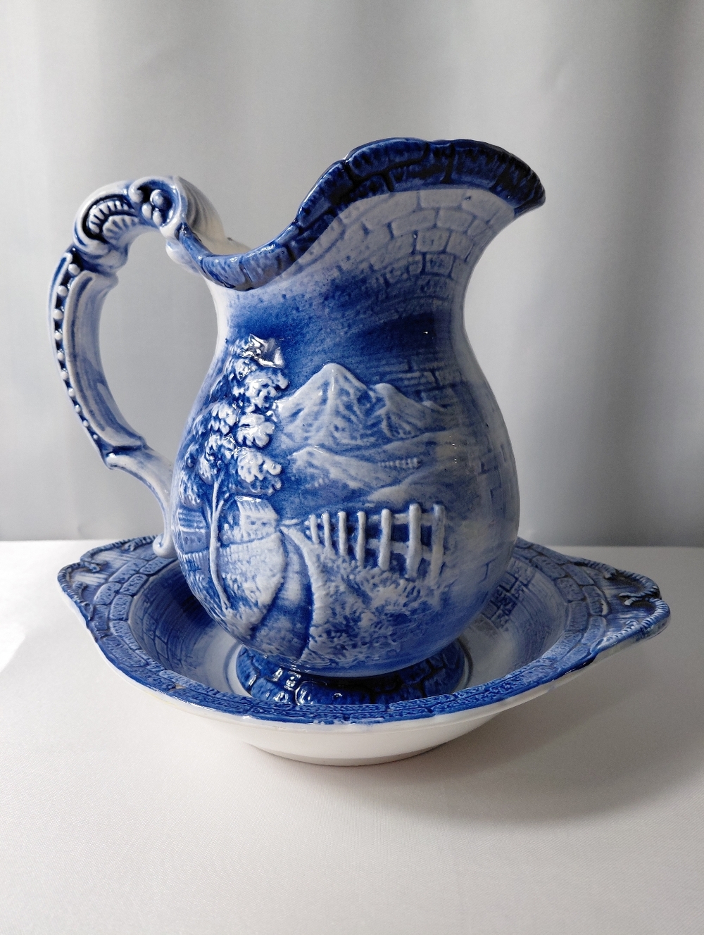 Blue Scenic Ceramic Pitcher and Bowl - Made In Japan
